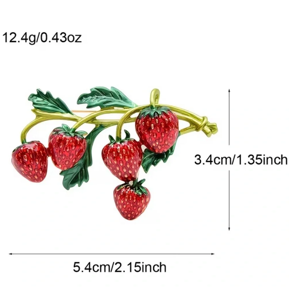 Red Strawberry Branch Enamel Brooch - Gold & Green Accents